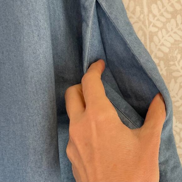 Lane Bryant Convertible Neck Smocked Embroidered Short Sleeve Denim Dress, 14/16 - Picture 6 of 11